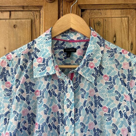 Women's Talbots Small Floral Printed Blouse Button Front Top Blue Pink White - Picture 3 of 10